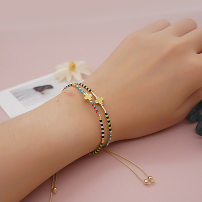 Bracelet de perles tressées en croix et graines de verre, bracelet réglable