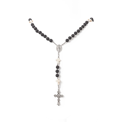 Natural Lava Rock & Synthetic Turquoise Cross Rosary Bead Necklace, Alloy Virgin Mary Pendant Necklace for Women