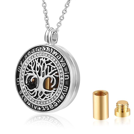 Word Always In My Heart Urn Ashes Pendant Necklace, Alloy Tree of Life Memorial Necklace with Clear Cubic Zirconia for Men Women