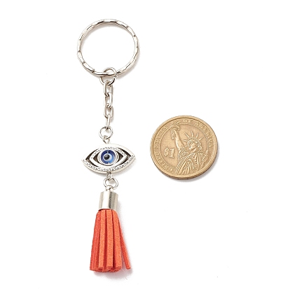 Faux Suede Tassel & Tibetan Style Alloy Pendant Keychain, with Handmade Evil Eye Lampwork and Iron Split Key Rings