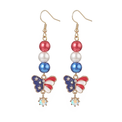 304 Stainless Steel Dangle Earrings, Independence Day Theme Baking Painted Pearlized Glass Pearl Beaded Earring, Alloy Enamel & Rhinestone Butterfly/Star/Lip Pendant Earring for Women
