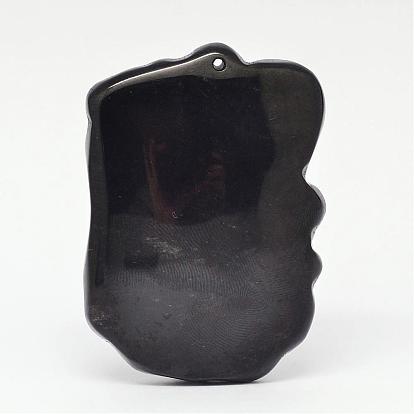 Natural Obsidian Large Cameo Pendants, Chinoiserie Jewelry Pendants, Elephant, 53~55x37~39x10~12mm, Hole: 2mm