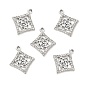 Alloy Rhinestone Pendants, Platinum Tone Rhombus with Hollow Out Rose Charms