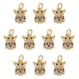 10Pcs Rack Plating Brass Micro Pave Cubic Zirconia Charms, with Jump Ring, Cadmium Free & Lead Free, Owl
