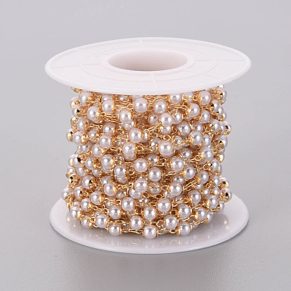 Handmade Brass Cable Chains, with ABS Plastic Imitation Pearl Beads, Soldered, with Spool