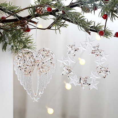 Acrylique avec décoration de pendentif en sequins, décorations suspendues pour sapin de Noël, pour la décoration de la maison de cadeau de fête, coeur/humain/aile/oiseau/cerf/arbre de noël/étoile/couronne de noël/flocon de neige/clé