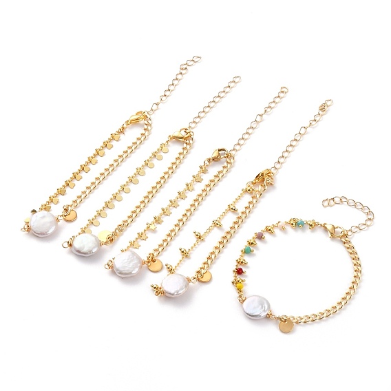 Bracelets à maillons en perles de keshi en perles baroques naturelles, avec des chaînes en laiton de trottoir, 304 fermoirs pinces de homard en acier inoxydable et breloques rondes plates, blanc