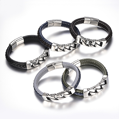 Tressés bracelets cordon en cuir pour hommes, avec 304 accessoires en acier inoxydable et les fermoirs magnétiques, rectangle