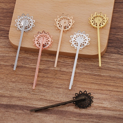 Iron Hair Bobby Pin Findings, with Brass Filigree Flower Cabochon Bezel Settings