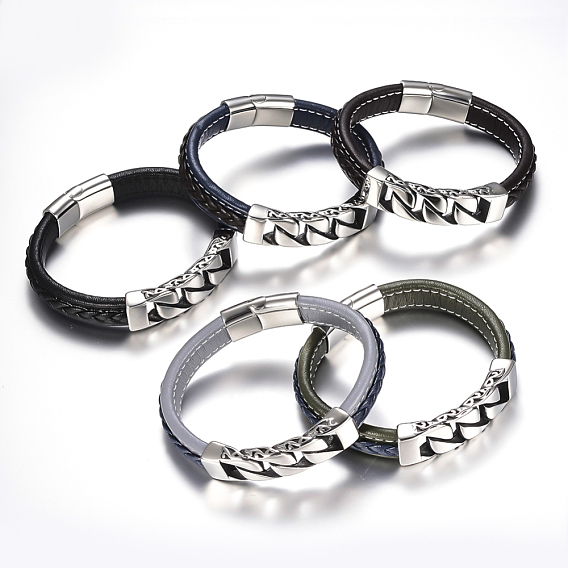 Tressés bracelets cordon en cuir pour hommes, avec 304 accessoires en acier inoxydable et les fermoirs magnétiques, rectangle