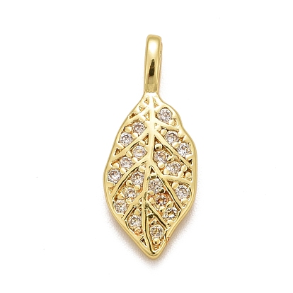 Rack Plating Brass Micro Pave Clear Cubic Zirconia Pendants, Long-Lasting Plated, Cadmium Free & Lead Free, Leaf
