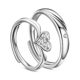 SHEGRACE Awesome 925 Sterling Silver Couple Rings, with AAA Cubic Zirconias and Heart, 16mm&18mm, 2pcs/set