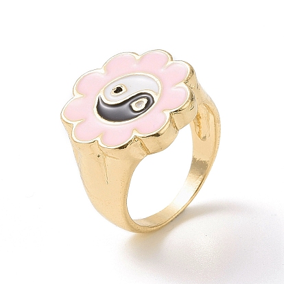 Flor de esmalte con anillos de dedo yin yang, anillo de sello de aleación de oro claro para mujer