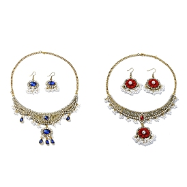 Ensemble de bijoux ovales en perles et strass en plastique abs, collier plastron en alliage doré et boucles d'oreilles lustre