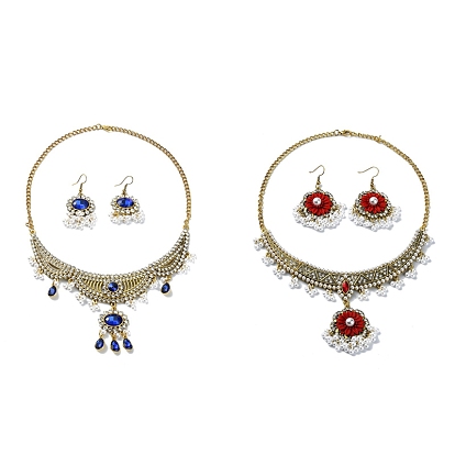 ABS Plastic Pearl & Rhinestone Oval Jewelry Set, Golden Alloy Bib Necklace & Chandelier Earrings