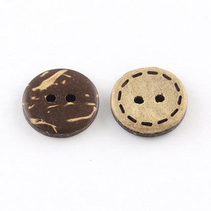 2-Hole Flat Round Coconut Buttons, 15x3mm, Hole: 2mm