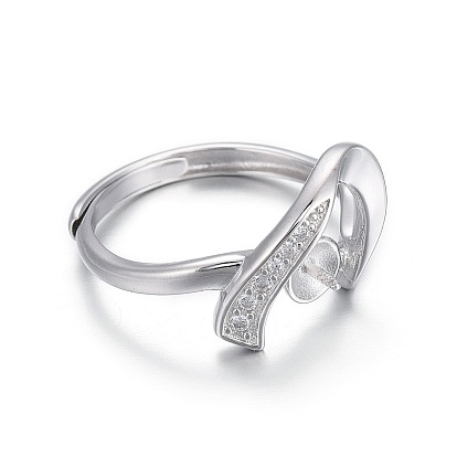 Componentes de anillo de dedo de plata esterlina ajustable 925, por medio perforó perlas, con micro allanar zirconia cúbico, corazón