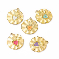 Vacuum Plating 201 Stainless Steel Enamel Pendants, Real 18K Gold Plated, Flat Round with Sacred Heart Charm