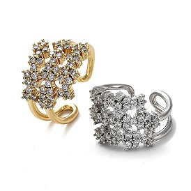 Rack Plating Brass Micro Pave Cubic Zirconia Open Cuff Rings, Flower, Lead Free & Cadmium Free, Long-Lasting Plated