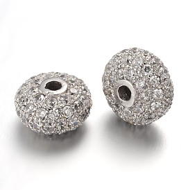 Brass Micro Pave Cubic Zirconia Beads, Rondelle, Lead Free & Nickel Free, Clear, 10x6mm, Hole: 1.5mm