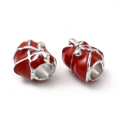Rack Plating Alloy Enamel European Beads, Large Hole Beads, Heart with Bowknot