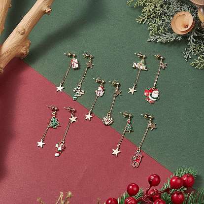 Christmas Theme Alloy Enamel Asymmetrical Earrings, Golden 304 Stainless Steel Dangle Stud Earrings for Women, Mixed Shape