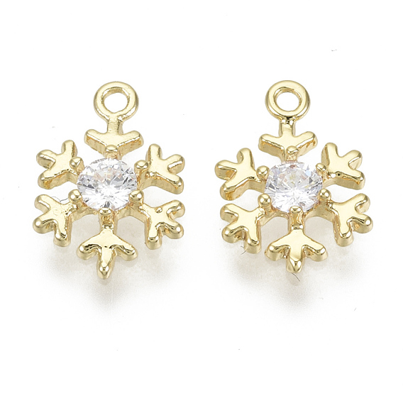 Brass Micro Pave Clear Cubic Zirconia Charms, for Christmas, Nickel Free, Snowflake