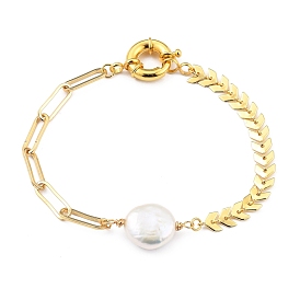 Natural Baroque Pearl Keshi Pearl Link Bracelets, with Brass Cobs Chains & Paperclip Chains, Flat Round