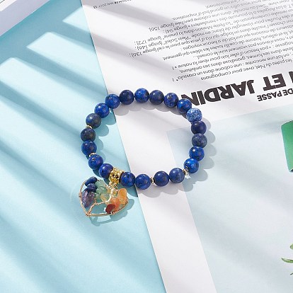 Bracelet extensible en mélange de pierres naturelles et synthétiques, Yoga chakra pierres précieuses puces coeur avec bracelet à breloques arbre pour femme