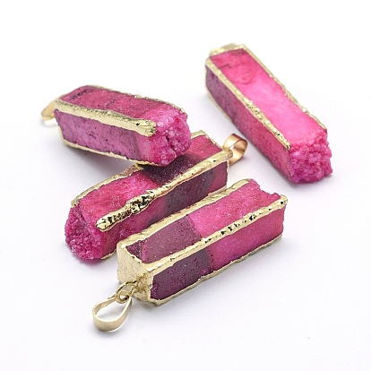 Natural Druzy Agate Crystal Pendants, with Golden Plated Brass Findings, Cuboid, Dyed