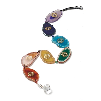 Dyed Nuggets Natural Agate Chakra Hanging Pendant Decorations, with Nylon Cord and Glass Beads