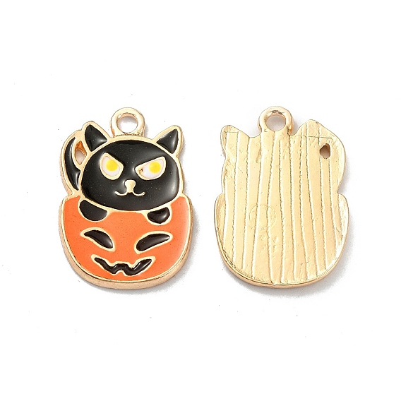 Halloween Light Gold Tone Alloy Enamel Pendants, Pumpkin with Demon Charm