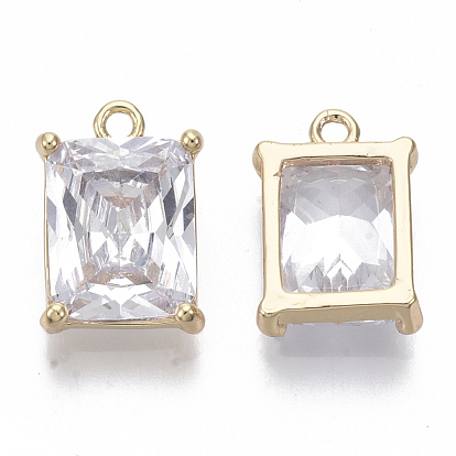 Brass Cubic Zirconia Charms, Nickel Free, Rectangle, Clear
