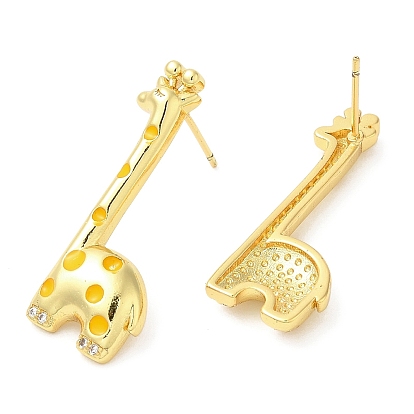 Rack Plating Brass Enamel Giraffe Stud Earrings with Cubic Zirconia, Lead Free & Cadmium Free