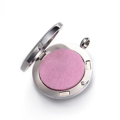 Ion Plating(IP) 316 Surgical Stainless Steel Diffuser Locket Pendants, with Perfume Pad and Magnetic Clasps, Flat Round with Flower