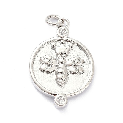 Brass Micro Pave Clear Cubic Zirconia Pendants, with Jump Ring, Long-Lasting Plated, Flat Round with Bees