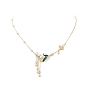 Alloy Enamel Flower & Brass Butterfly Pendant Necklace, ABS Plastic Imitation Pearl Beaded Chains Necklace for Women