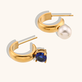 Asymmetrical Pearl and Blue Zirconia Earrings with 18K Gold Plated Stainless Steel Hooks for Women