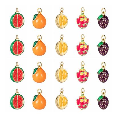 10Pcs 5 Style Fruit Theme Brass Enamel Pendants, Real 18K Gold Plated, Durian & Orange & Watermelon & Pitaya & Mulberries
