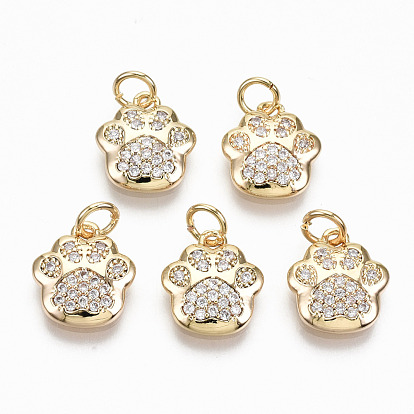 Brass Micro Pave Clear Cubic Zirconia Charms, with Jump Rings, Nickel Free, Dog Paw Prints