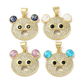 Brass Micro Pave Clear Cubic Zirconia Pendants, with Synthetic Opal, with Jump Ring, Real 18K Gold Plated, Bear