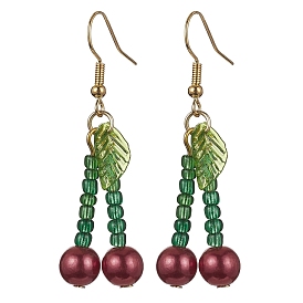 Acrylic & Glass Beaded Cherry Dangle Earrings, Iron Long Drop Earrings