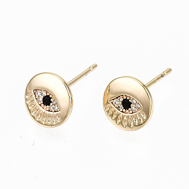 Brass Micro Pave Cubic Zirconia Stud Earrings, Nickel Free, Flat Round with Eye