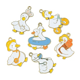 Light Gold Tone Alloy Enamel Pendants, Bred Duck/Swimming Ring Duck/Riding Duck/Rabbit Ear Duck/Doctor Duck/Duck with Hat