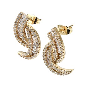 Double Horn Shape Brass Micro Pave Cubic Zirconia Stud Earrings, Long-Lasting Plated