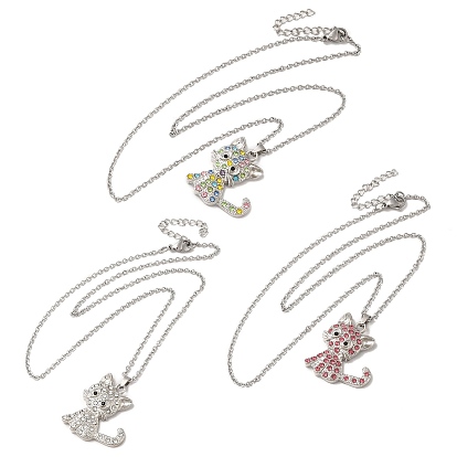 Collar colgante de gato de aleación de diamantes de imitación con cadenas de cable, joyas de acero inoxidable para mujer