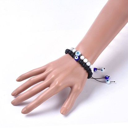 Ensembles réglables de bracelets de perles tressés de fil de nylon, Couple bracelet, avec mauvais œil au chalumeau et howlite naturel, perles d'agate noire givrée (teintes), cordon en caoutchouc tubulaire en PVC