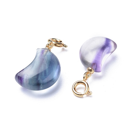 Carved Natural Fluorite Pendants, with Brass Spring Ring Clasps, Long-Lasting Plated, Moon