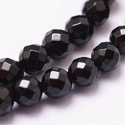 Natural Black Onyx Beads Strands, Dyed & Heated, 64 Faceted, Round