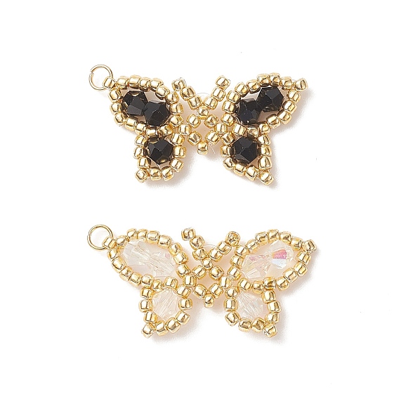 2Pcs 2 Color Glass Seed Beaded Pendants, with Golden Plated 304 Stainless Steel Jump Rings, Butterfly Charms